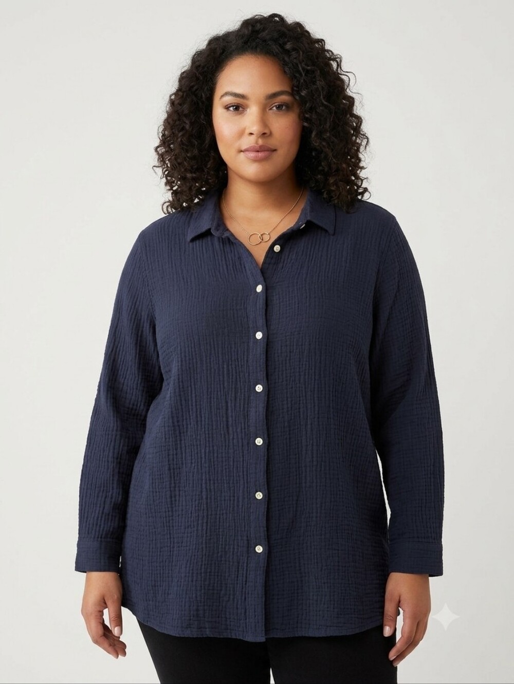 J. Jill Navy Textured Button-Down Long Sleeve Shirt